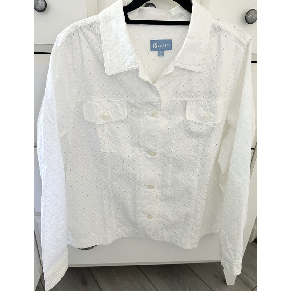 NWT - Koret White Eyelet Jacket Shirt Womens XL Button Up 100% Cotton Collared